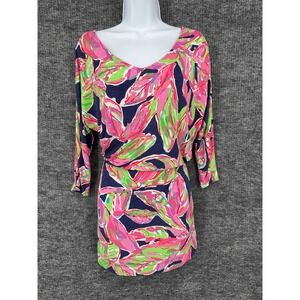 Lilly Pulitzer Dress Womens S Pink Tropical Leaf Blouson 3/4 Sleeve Jersey Short